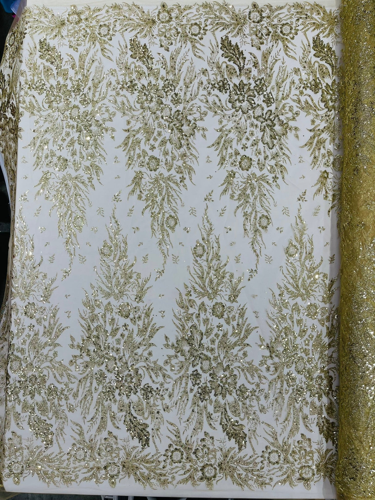 Big Glitter Damask Design On A Mesh Lace Fabric - Glitter Damask Pattern, 58" Wide (1 Yard)