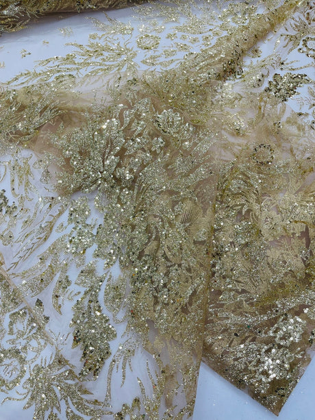 Big Glitter Damask Design On A Mesh Lace Fabric - Glitter Damask Pattern, 58" Wide (1 Yard)