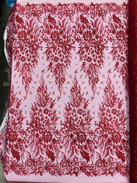 Big Glitter Damask Design On A Mesh Lace Fabric - Glitter Damask Pattern, 58" Wide (1 Yard)