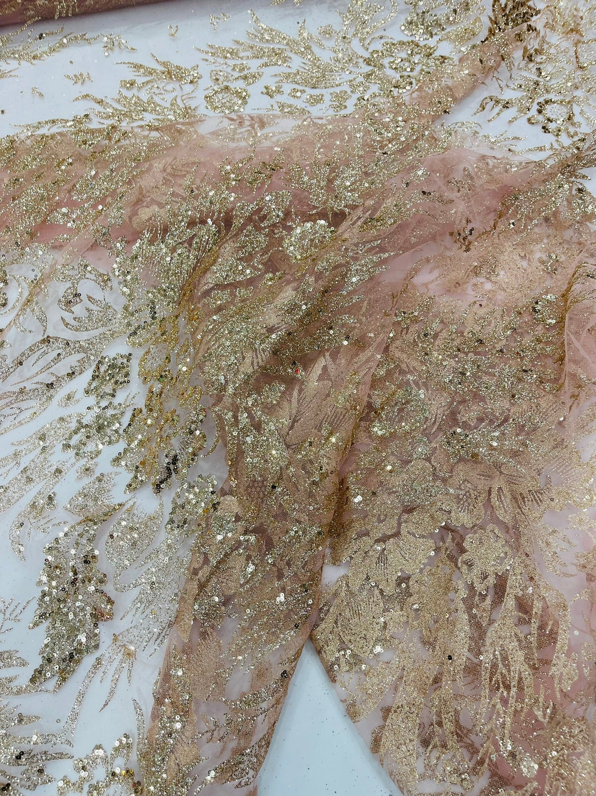 Big Glitter Damask Design On A Mesh Lace Fabric - Glitter Damask Pattern, 58" Wide (1 Yard)