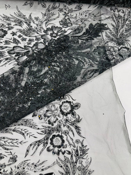 Big Glitter Damask Design On A Mesh Lace Fabric - Glitter Damask Pattern, 58" Wide (1 Yard)