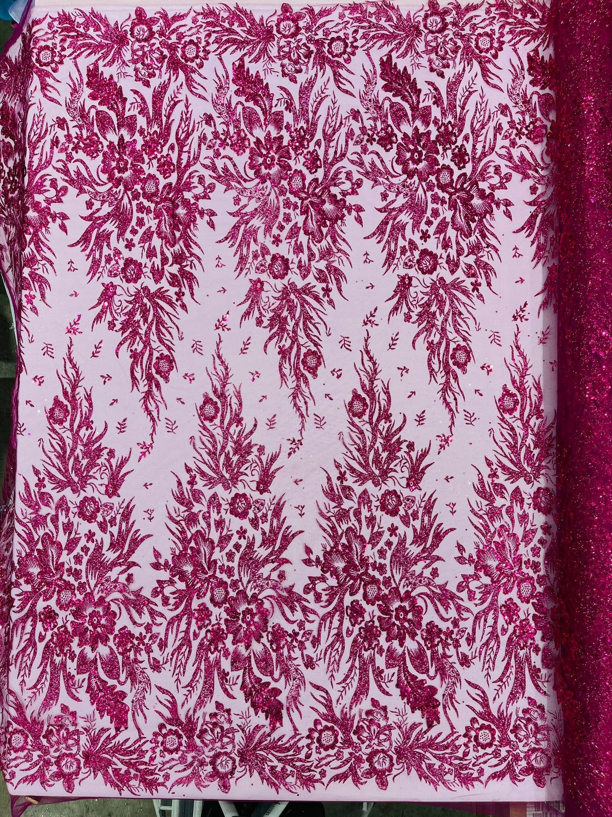 Big Glitter Damask Design On A Mesh Lace Fabric - Glitter Damask Pattern, 58" Wide (1 Yard)