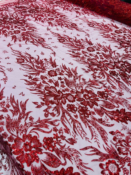 Big Glitter Damask Design On A Mesh Lace Fabric - Glitter Damask Pattern, 58" Wide (1 Yard)