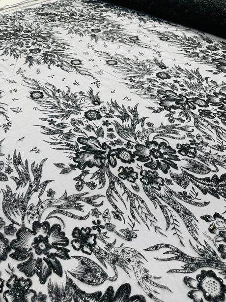 Big Glitter Damask Design On A Mesh Lace Fabric - Glitter Damask Pattern, 58" Wide (1 Yard)
