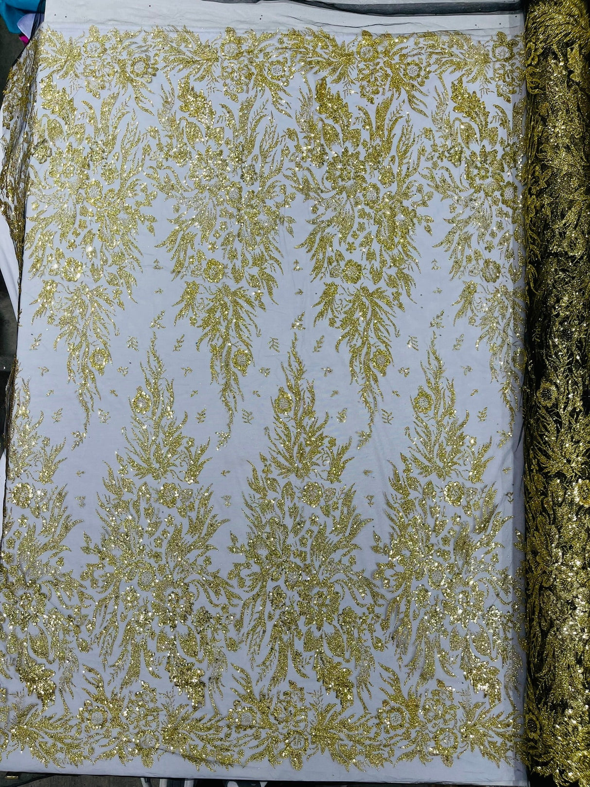Big Glitter Damask Design On A Mesh Lace Fabric - Glitter Damask Pattern, 58" Wide (1 Yard)