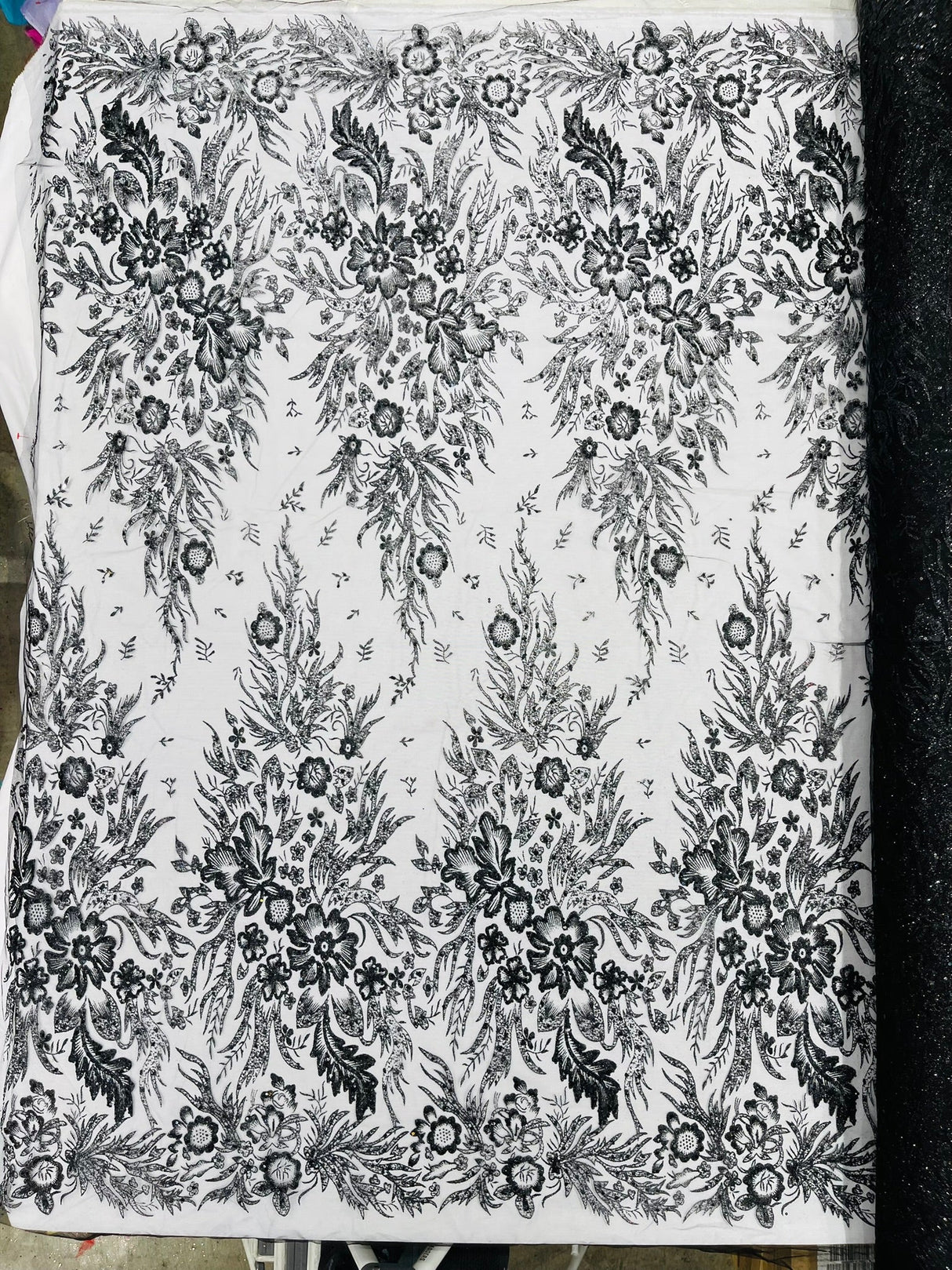 Big Glitter Damask Design On A Mesh Lace Fabric - Glitter Damask Pattern, 58" Wide (1 Yard)