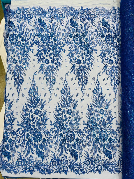 Big Glitter Damask Design On A Mesh Lace Fabric - Glitter Damask Pattern, 58" Wide (1 Yard)