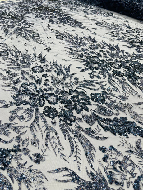 Big Glitter Damask Design On A Mesh Lace Fabric - Glitter Damask Pattern, 58" Wide (1 Yard)