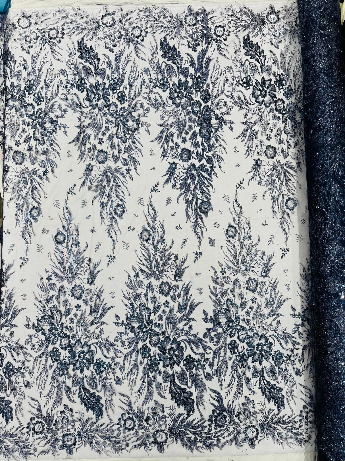 Big Glitter Damask Design On A Mesh Lace Fabric - Glitter Damask Pattern, 58" Wide (1 Yard)