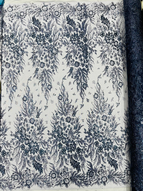 Big Glitter Damask Design On A Mesh Lace Fabric - Glitter Damask Pattern, 58" Wide (1 Yard)