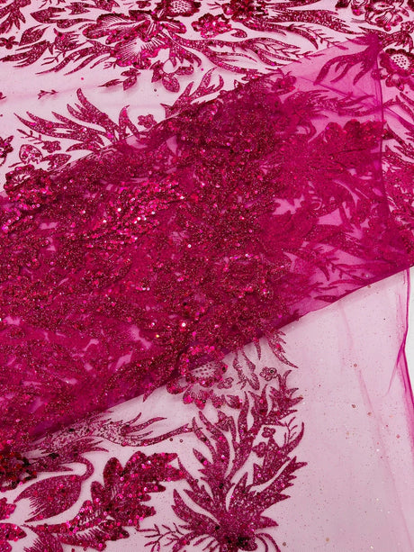 Big Glitter Damask Design On A Mesh Lace Fabric - Glitter Damask Pattern, 58" Wide (1 Yard)
