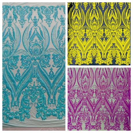 Big Sequin Damask Polyester Fabric - Damask Sequin Mesh, 54" Width (1 Yard)
