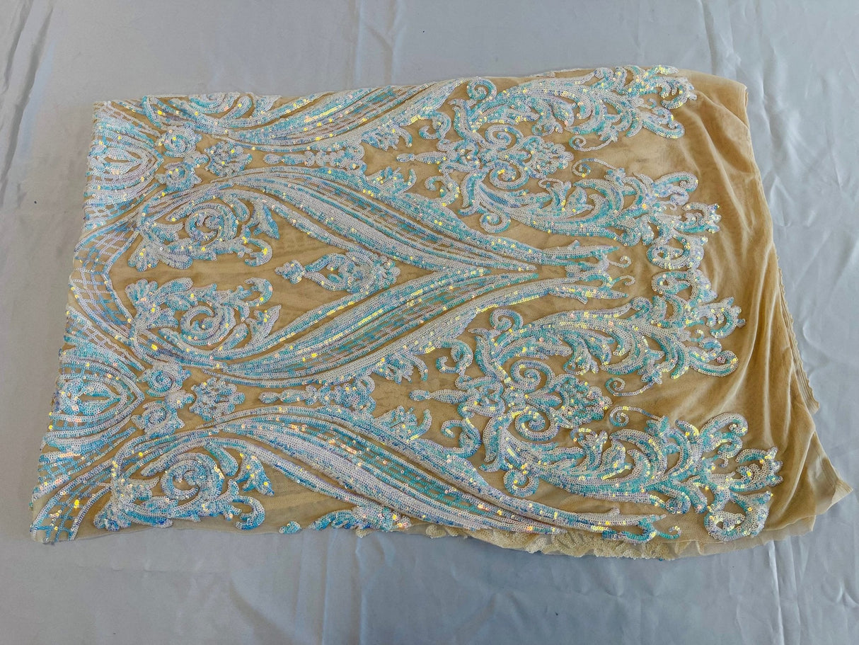 Big Sequin Damask Polyester Fabric - Damask Sequin Mesh, 54" Width (1 Yard)