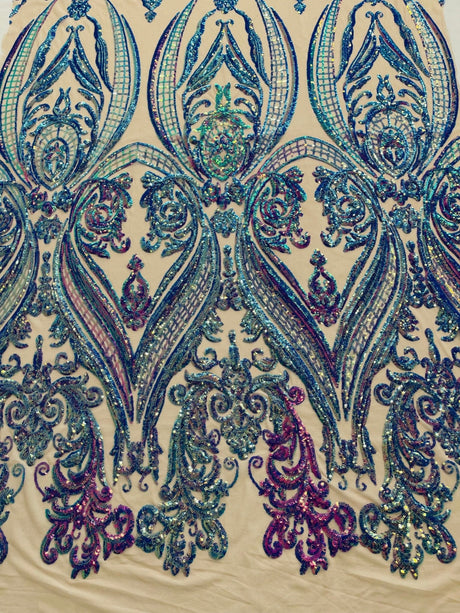 Big Sequin Damask Polyester Fabric - Damask Sequin Mesh, 54" Width (1 Yard)