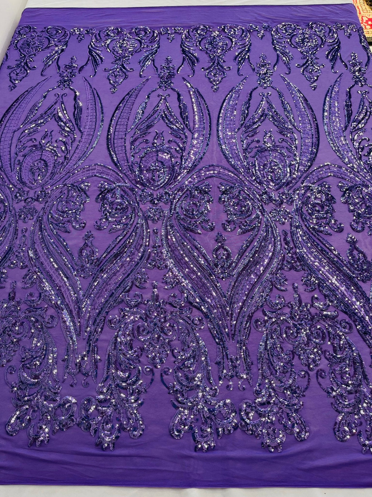 Big Sequin Damask Polyester Fabric - Damask Sequin Mesh, 54" Width (1 Yard)