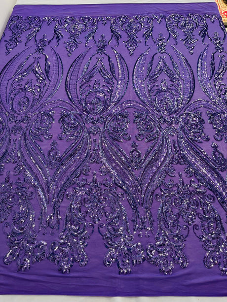 Big Sequin Damask Polyester Fabric - Damask Sequin Mesh, 54" Width (1 Yard)
