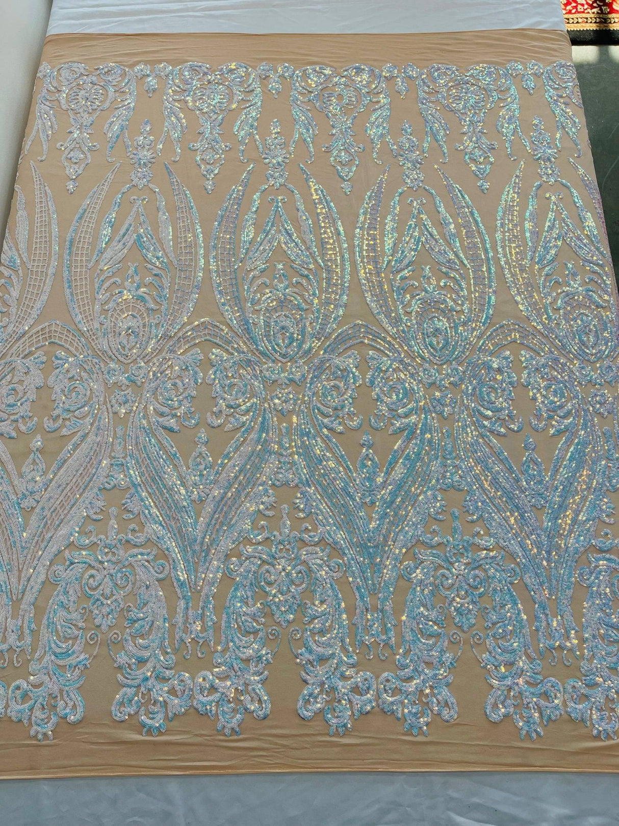 Big Sequin Damask Polyester Fabric - Damask Sequin Mesh, 54" Width (1 Yard)
