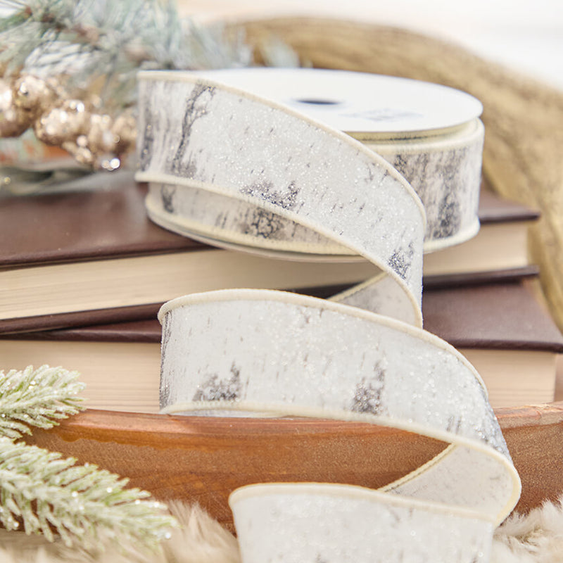 1.5" x 10 Yard Glitter Birch Bark On Cotton Ribbon