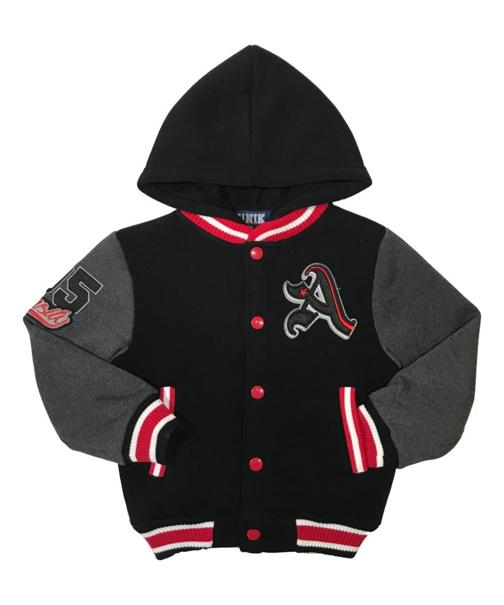 Boy Varsity Fleece Jacket - Snap Button Closure, Navy, Burgundy, Red, Charcoal, Black (1 Piece)