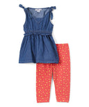Denim Blouse With Printed Leggings - Chambray, Girls Set, Color Block, Sizes 2-14 (1 Set)
