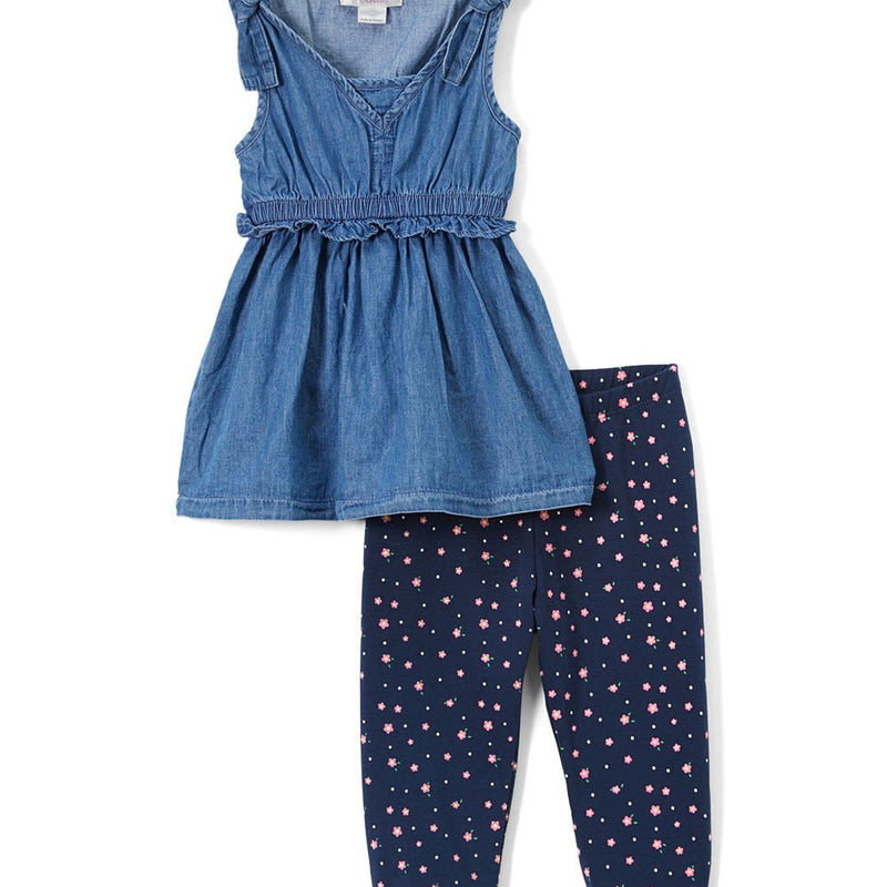 Denim Blouse With Printed Leggings - Chambray, Girls Set, Color Block, Sizes 2-14 (1 Set)