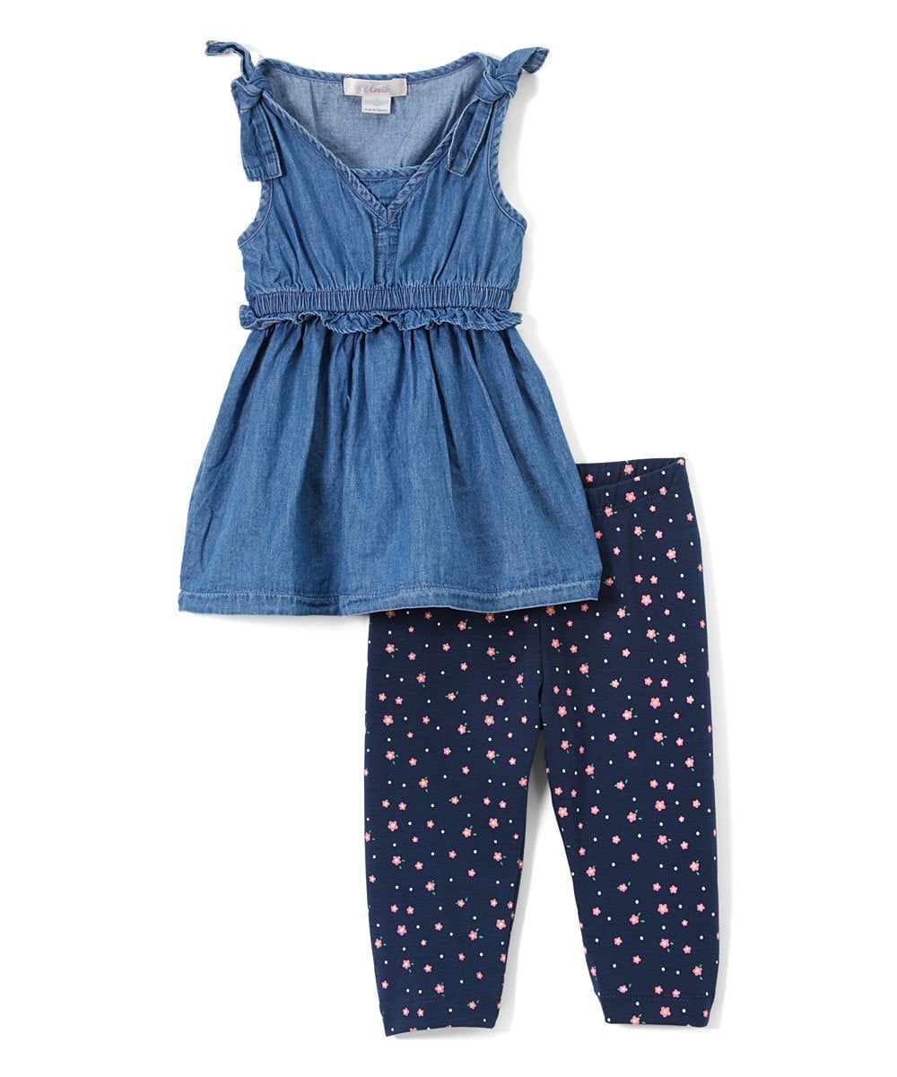 Denim Blouse With Printed Leggings - Chambray, Girls Set, Color Block, Sizes 2-14 (1 Set)