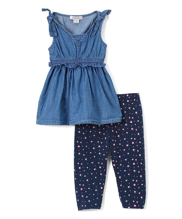Denim Blouse With Printed Leggings - Chambray, Girls Set, Color Block, Sizes 2-14 (1 Set)