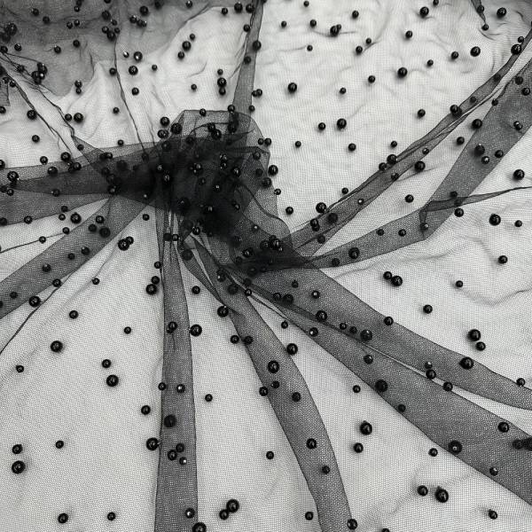 Pearl Tulle Polyester Fabric - Soft Mesh With Scattered Pearls, 58" Width