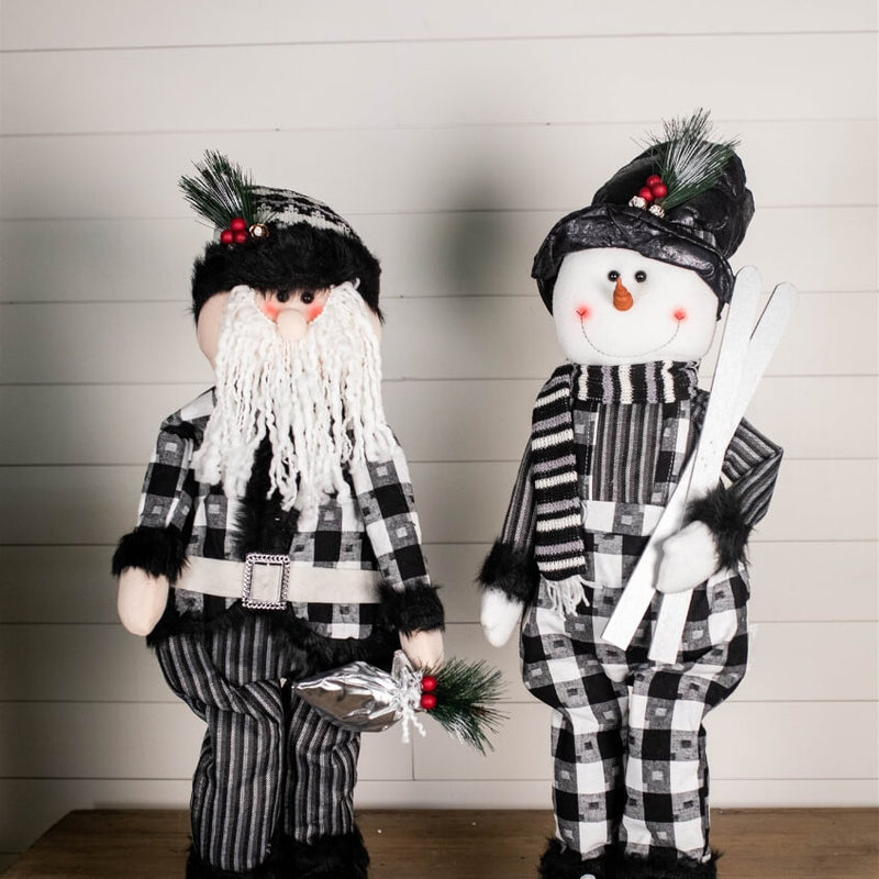 32” Black and White Buffalo Check Santa and Snowman Plush Figurine
