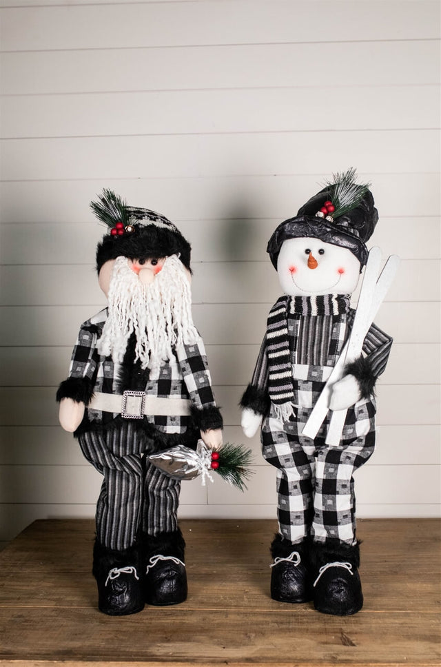 32” Black and White Buffalo Check Santa and Snowman Plush Figurine