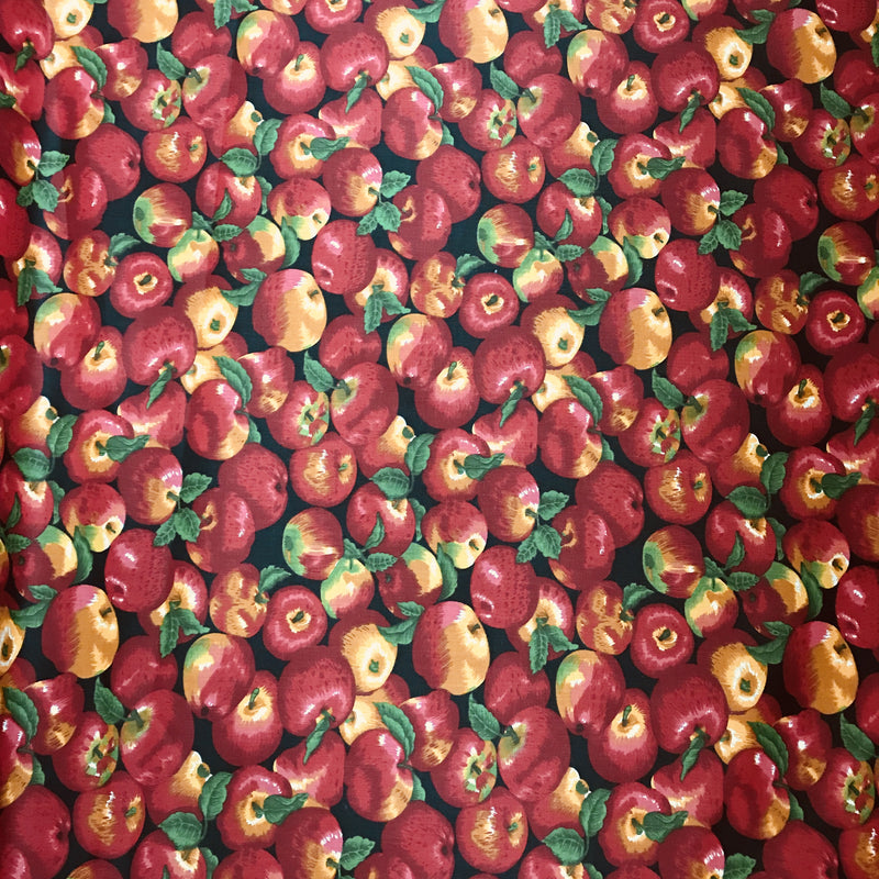 Apples All Over Black Poly Cotton Fabric - Black Apple Print, 59/60" Width