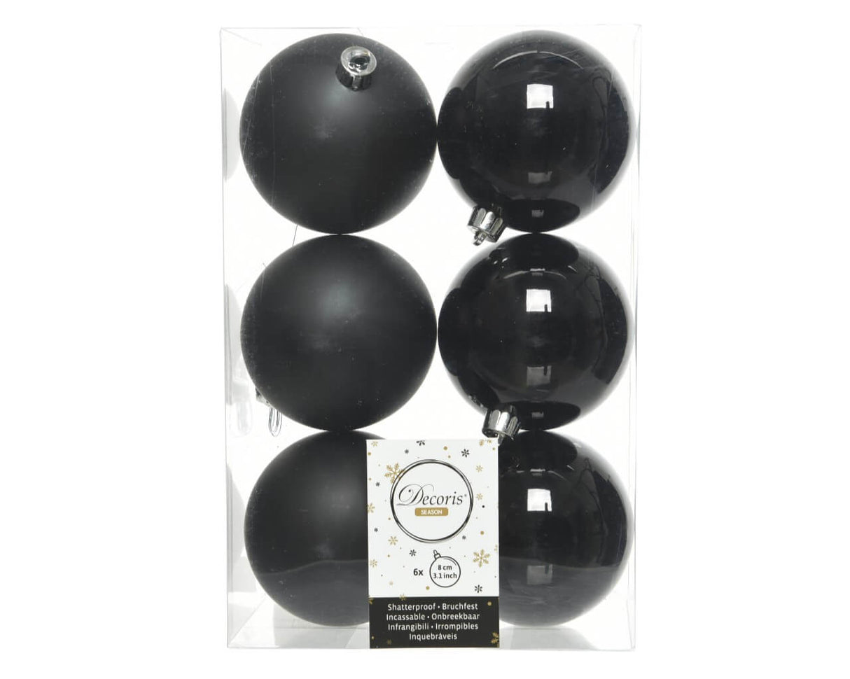 Black Assorted 8 cm Shatterproof Ornament Set of 6