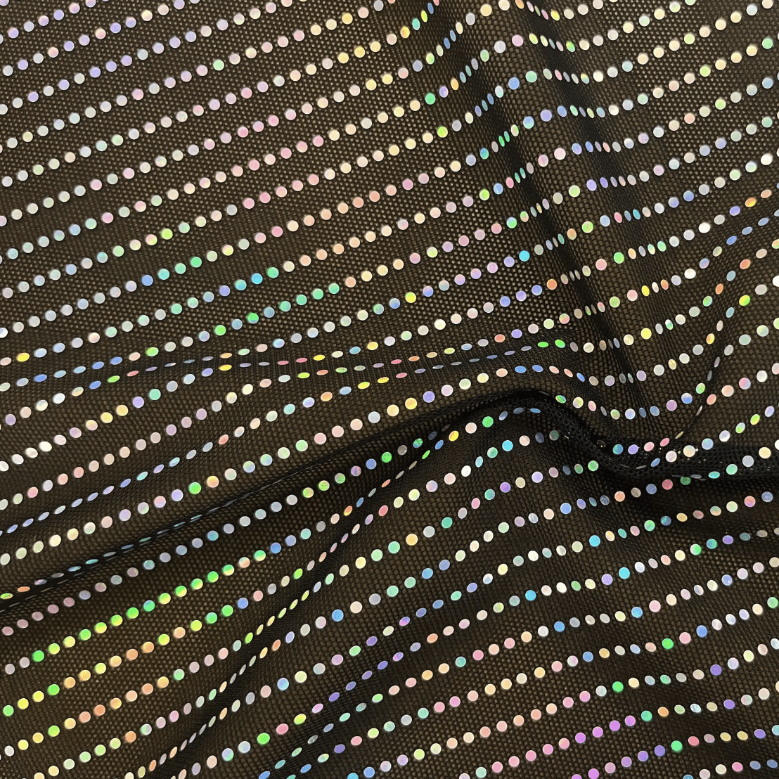 Waterfall On Super Mesh Nylon Spandex Fabric - Black/Dizzy, Black/Irid, 54" Width, 4-Way Stretch, Iridescent Sequin Dots (1 Yard)
