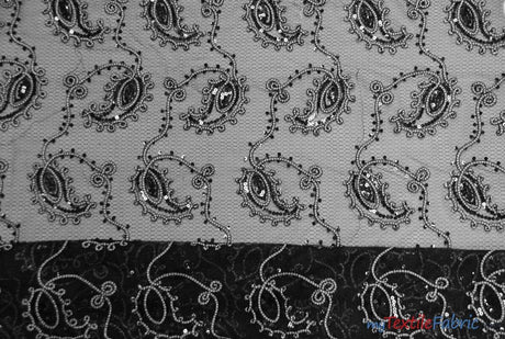 Coco Paisley Polyester Fabric - Sheer Embroidered Paisley, Double Scallop Lace, 52" Width (1 Yard)