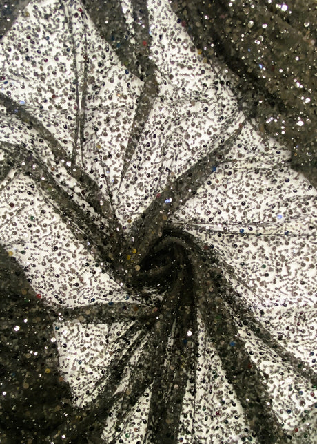 BPS Mesh Lace Black Polyester Fabric - Black Beads Pearls And Sequin Mesh, 60" Width (1 Yard)