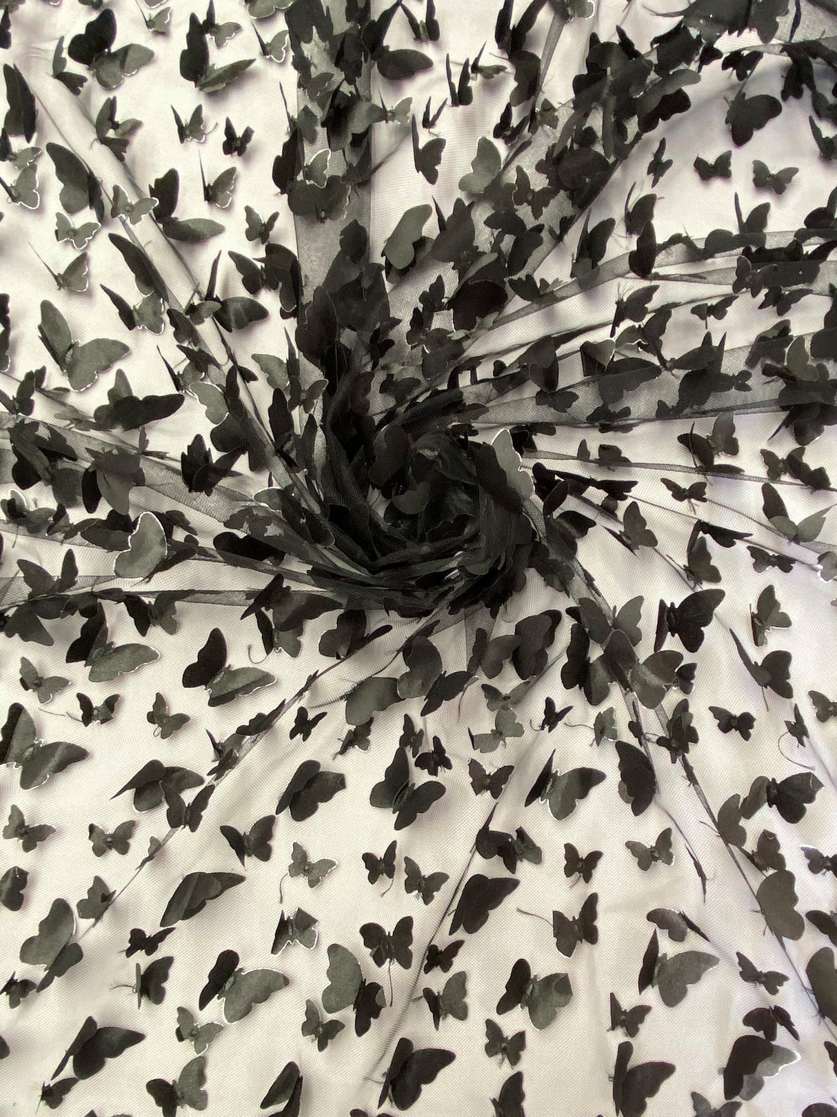 3D Butterflies Black Polyester Fabric - Black Satin Butterflies On 2-Way Stretch Mesh, 54" Width (1 Yard)
