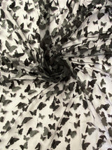 3D Butterflies Black Polyester Fabric - Black Satin Butterflies On 2-Way Stretch Mesh, 54" Width (1 Yard)