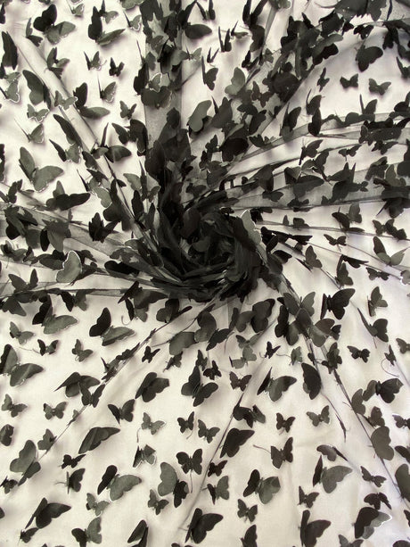 3D Butterflies Black Polyester Fabric - Black Satin Butterflies On 2-Way Stretch Mesh, 54" Width (1 Yard)