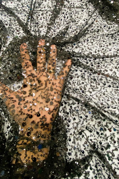 BPS Mesh Lace Black Polyester Fabric - Black Beads Pearls And Sequin Mesh, 60" Width (1 Yard)