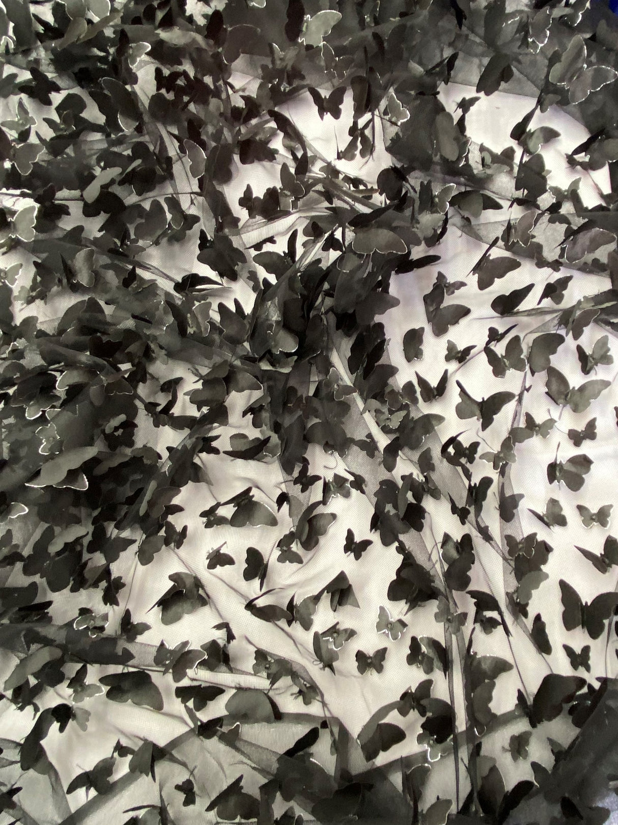 3D Butterflies Black Polyester Fabric - Black Satin Butterflies On 2-Way Stretch Mesh, 54" Width (1 Yard)