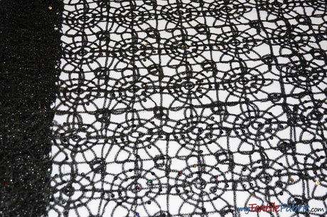 Open Weave Chain Chemical Lace Polyester Fabric - Sheer Metallic Open Work, Sequins Embellished, 50" Width, 10 Colors (1 Yard)