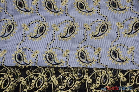 Coco Paisley Polyester Fabric - Sheer Embroidered Paisley, Double Scallop Lace, 52" Width (1 Yard)