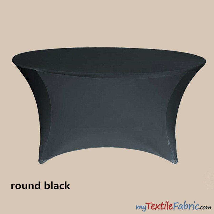 5Ft Diameter Round Polyester Spandex Tablecloth - Black, White, Ivory, Fits 60" Diameter Tables, 28/30" Height, Reinforced Bottoms (By Piece)