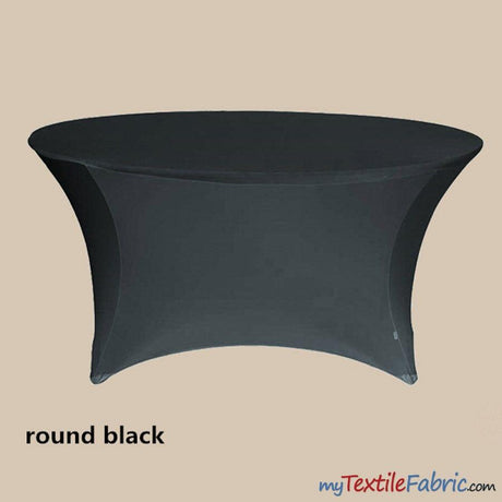 5Ft Diameter Round Polyester Spandex Tablecloth - Black, White, Ivory, Fits 60" Diameter Tables, 28/30" Height, Reinforced Bottoms (By Piece)
