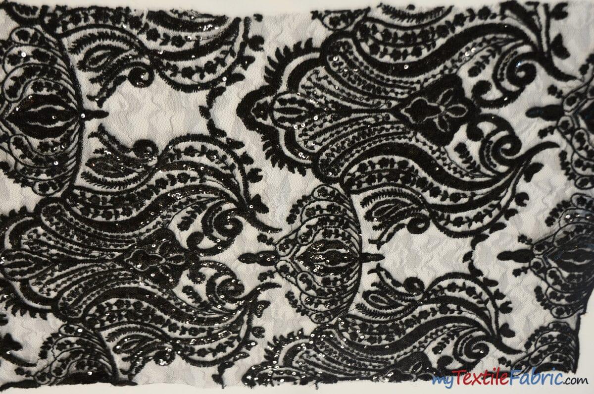 Medallion Bridal Lace Polyester Fabric - Sequins Damask Embroidery, Sheer White, 52" Width (1 Yard)