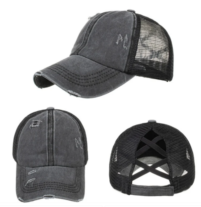 Criss-Cross Cap - Black Fabric - Black, Criss-Cross Ponytail Slot, Adjustable Strap (1 Unit)