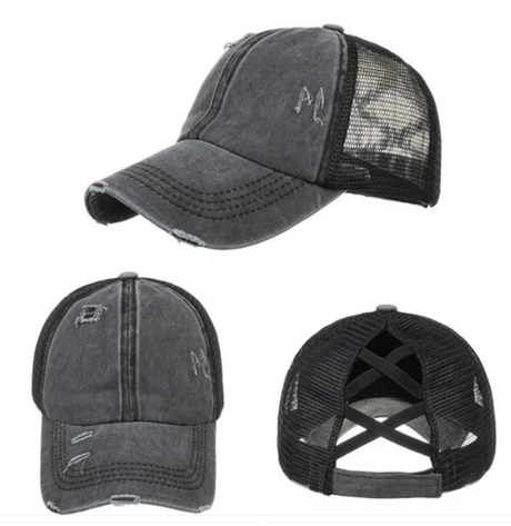 Criss-Cross Cap - Black Fabric - Black, Criss-Cross Ponytail Slot, Adjustable Strap (1 Unit)