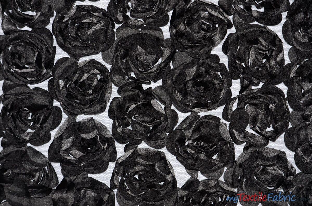 Rosette Satin Bordeaux Polyester Fabric - 3D Floral Satin Embroidered On A Mesh, Bordeaux, 52" Width (1 Yard)
