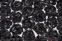 Rosette Satin Bordeaux Polyester Fabric - 3D Floral Satin Embroidered On A Mesh, Bordeaux, 52" Width (1 Yard)