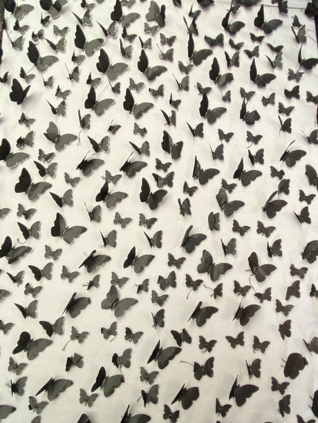 3D Butterflies Black Polyester Fabric - Black Satin Butterflies On 2-Way Stretch Mesh, 54" Width (1 Yard)
